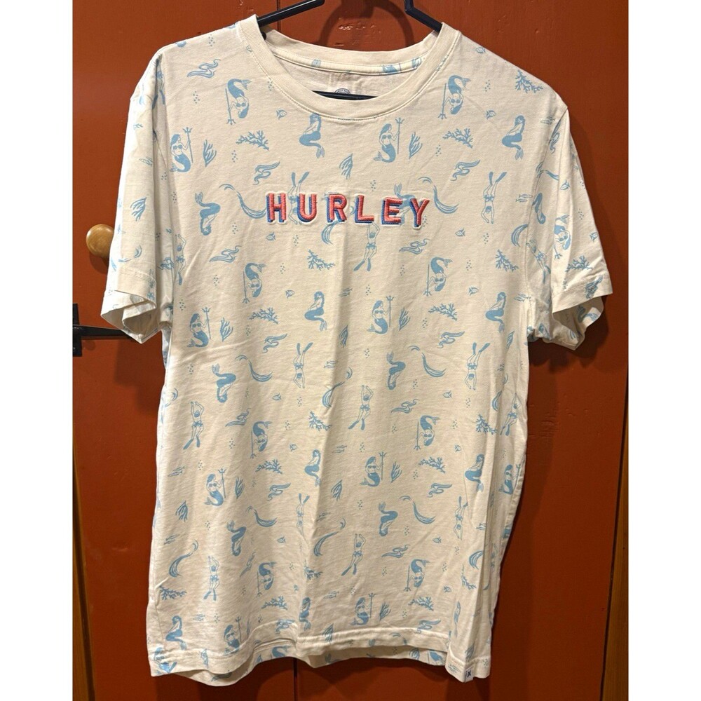 Hurley Men's Embroidered Logo Mermaid Graphic Print Crew Tee Cotton Knit M
